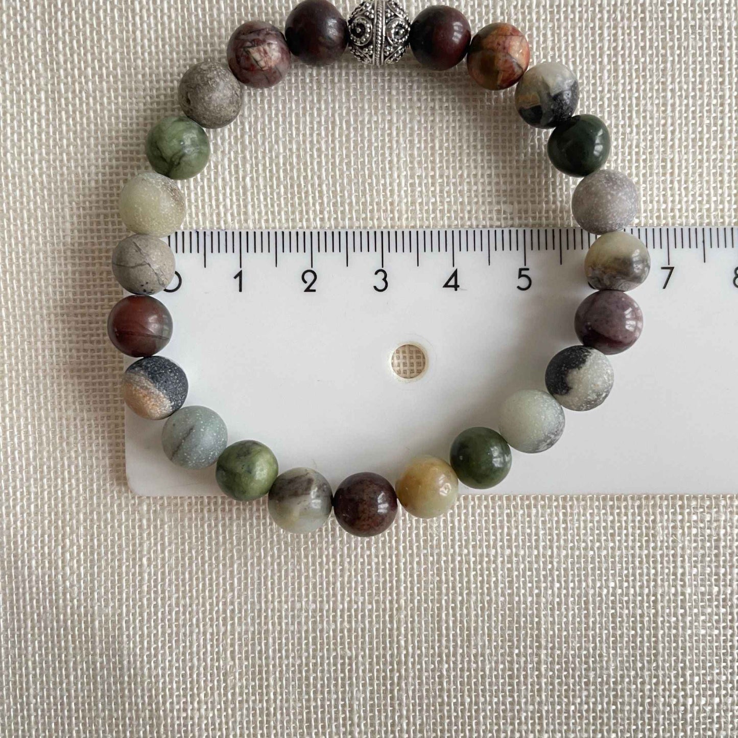Armband van jade, jaspis en amazoniet met Bali kraal