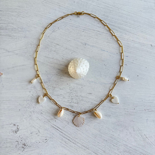Bedelketting met schelp en zoetwaterparels