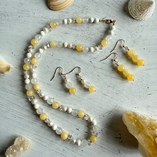 Ketting van gele calciet, agaat en Herkimer diamant met gold filled slot - CELINE