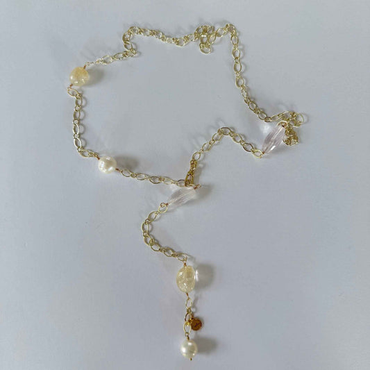 Gold filled lange verstelbare schakelketting met zoetwaterparels en citrien