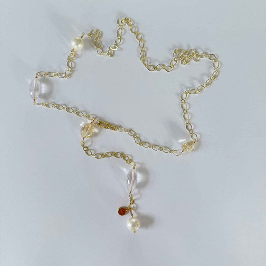 Gold filled lange verstelbare schakelketting met zoetwaterparels en citrien