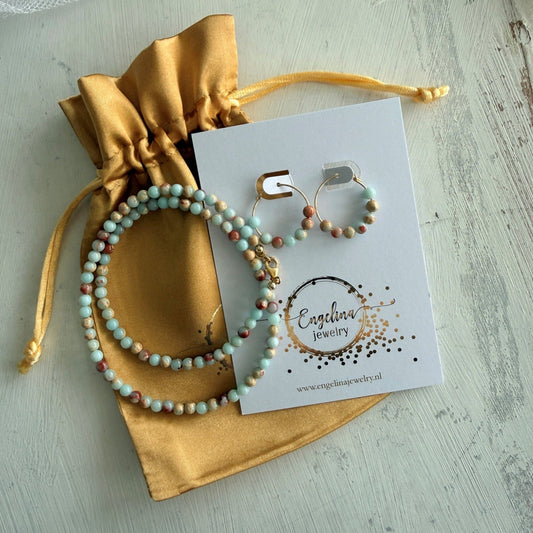 Cadeauset Keizer jaspis - ketting en creolen - gold filled