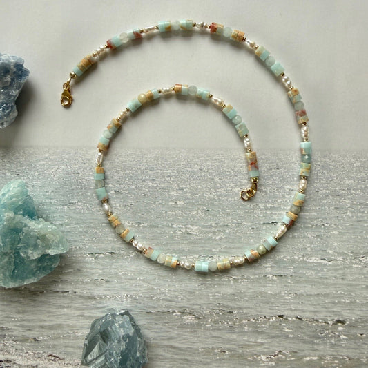 Kettinkje van Shoushan heishi, morganiet en zoetwaterparels - SHOUSHANY