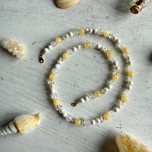 Ketting van gele calciet, agaat en Herkimer diamant met gold filled slot - CELINE