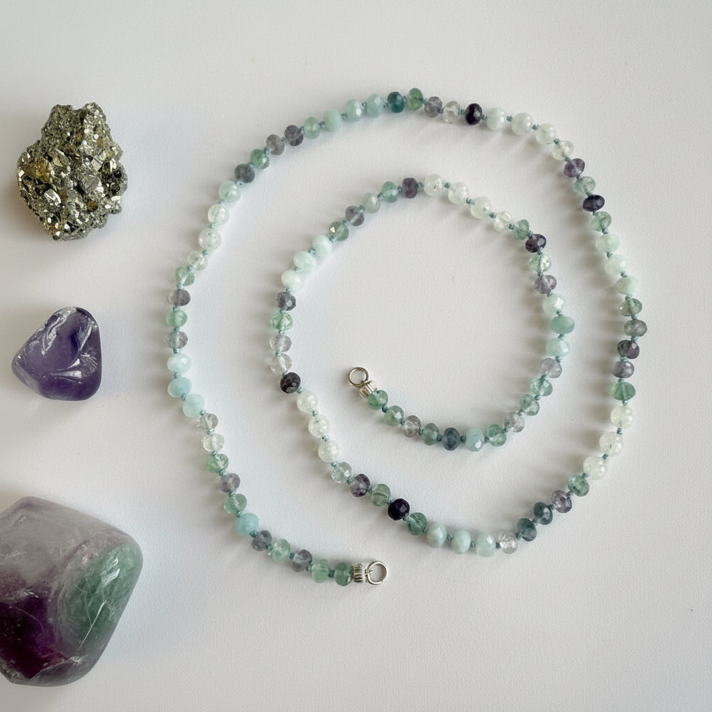 Ketting van fluoriet, aquamarijn met zilveren open einden