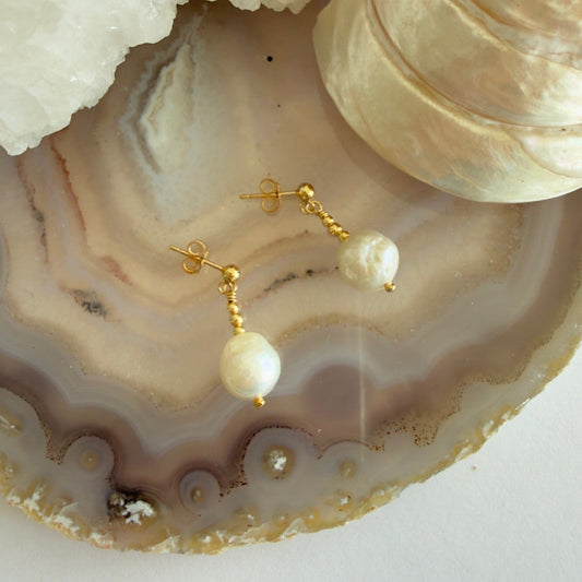 Gold filled oorbellen van grote witte zoetwaterparels