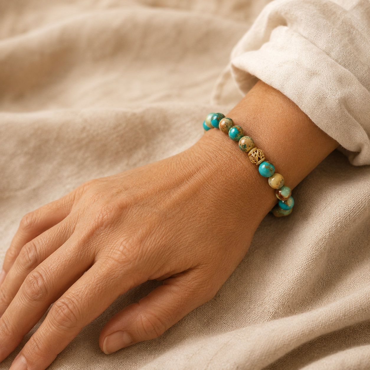 Vrouw draagt handgemaakte armband van zeesediment jaspis kralen in turquoise en aardetinten met gouden filigrain kraal — Engelina Jewelry