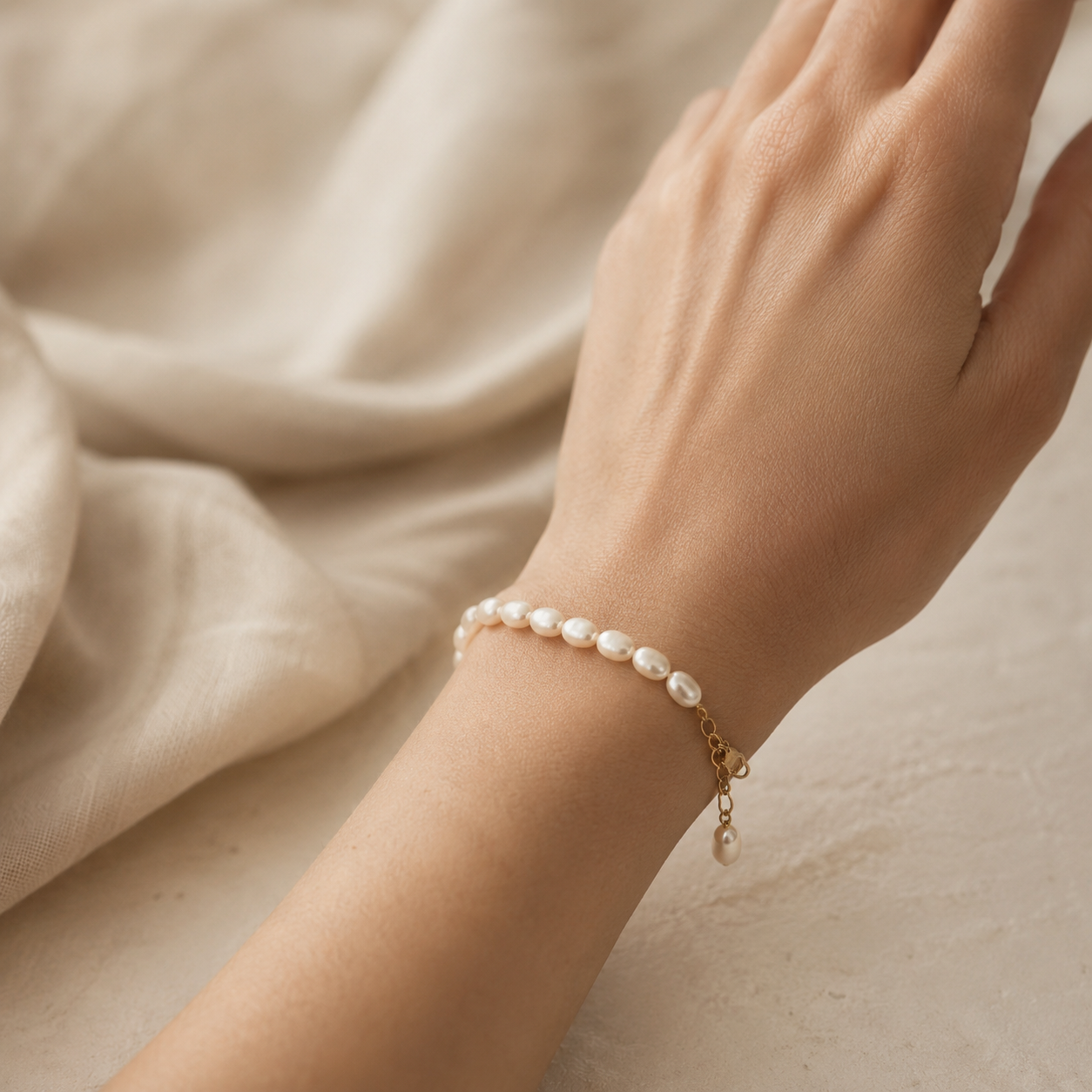 Vrouw draagt handgemaakte armband van ovale zoetwaterparels met gold filled sluiting en verlengkettinkje